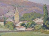 painting of a village in the mountains with a steeple in the background