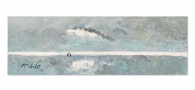 a painting of two people standing on a beach under a cloudy sky