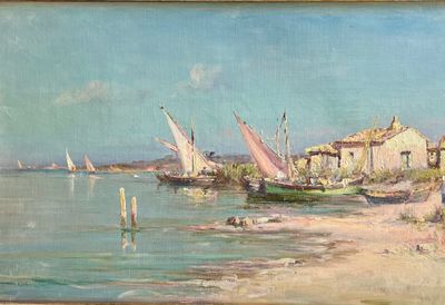 a painting of a beach scene with sailboats on the water