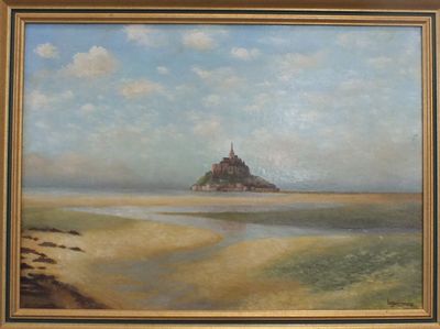 une peinture à l'huile représentant un château au milieu de l'océan