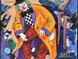 painting of a clown dressed in a yellow coat and red pants with a black top hat