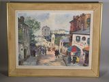 peinture d'une scène de rue avec des personnes marchant dans la rue