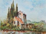 une peinture à l'huile représentant une maison dans un champ avec des arbres en arrière-plan