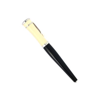 a close up of a pen on a white surface with a white background