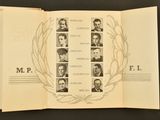 an open book with a picture of a group of men on it