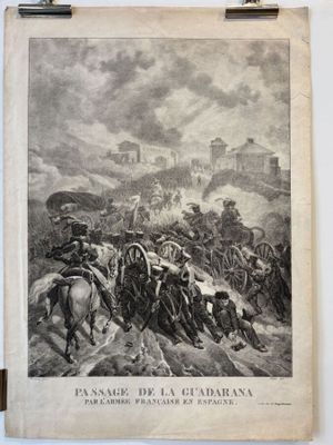 a black and white drawing of a group of men on horses