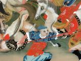 a painting of a man riding a horse with a bunch of horses