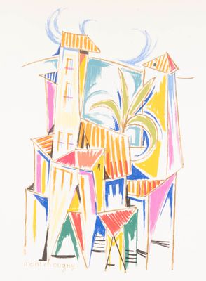 painting of a colorful building with a clock on top of it