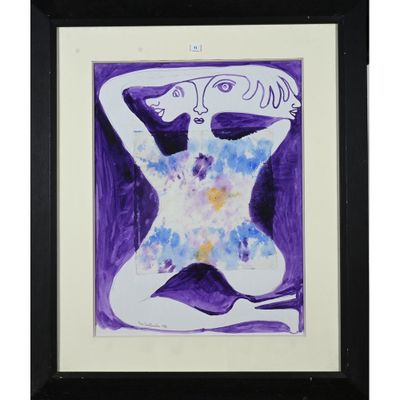 tableau violet et blanc représentant une femme, les mains derrière la tête