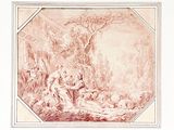 une image représentant un dessin d'un homme et d'une femme dans un environnement boisé