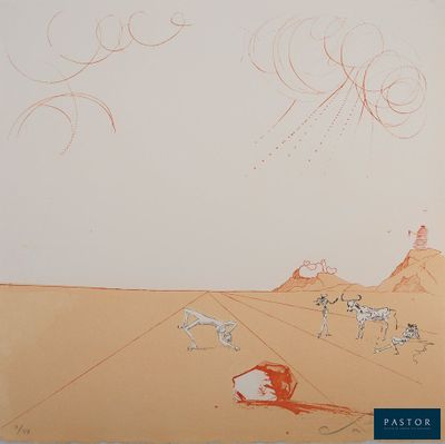 dessin représentant une scène de désert avec des chevaux et des personnages au loin
