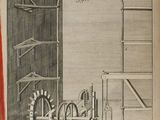 drawing of a machine in a room with a clock on the wall