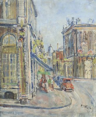 tableau représentant une scène de rue avec une voiture et une calèche