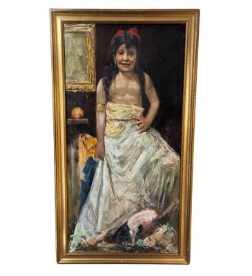 une peinture à l'huile représentant une femme en robe blanche assise devant un miroir