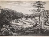 dessin représentant une vue d'un palais avec un jardin au premier plan et des arbres au premier plan