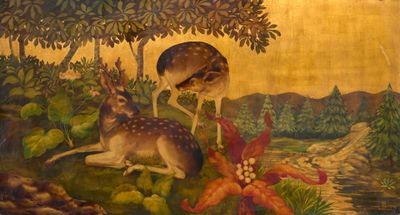 un tableau représentant un cerf et un autre cerf dans les bois
