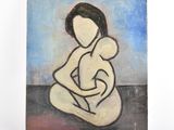 une peinture à l'huile représentant une femme tenant un bébé dans ses bras