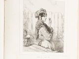 an open book with a drawing of a woman sitting on a ledge