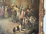 a painting of a group of people riding horses and dogs