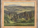 a painting of a landscape with hills and trees in the distance