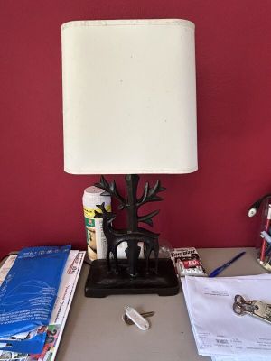 a lamp that is on a desk next to a book