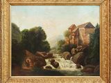 une peinture à l'huile représentant une rivière avec un château en arrière-plan