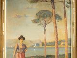 painting of a woman with a basket of flowers by a lake