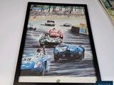 a picture of a painting of a race track with cars