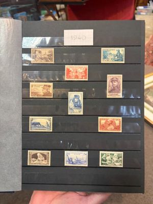 a person holding a book with stamps on it