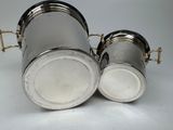 pair of silverplated coffee cups with handles and handles
