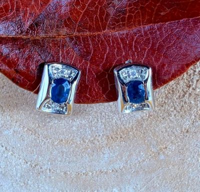 pair of blue sapphire and diamond earrings on a leaf