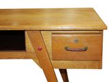 a wooden desk with two drawers and a drawer underneath it