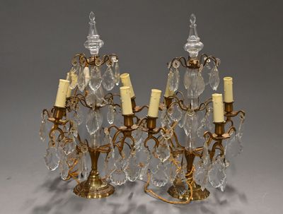 pair of antique brass and crystal candelabs