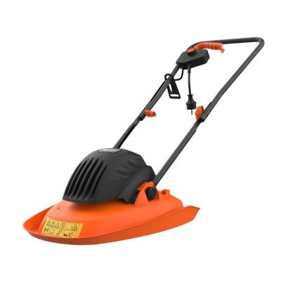 a lawn mower with an orange handle and black wheels