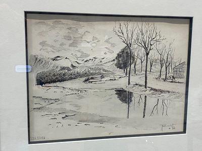a picture of a drawing of a snowy landscape in a frame