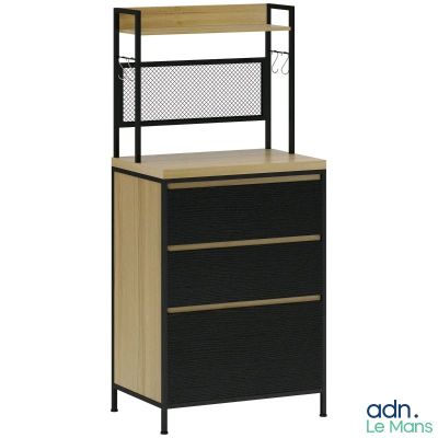 une armoire noire et en bois, avec une étagère sur le dessus