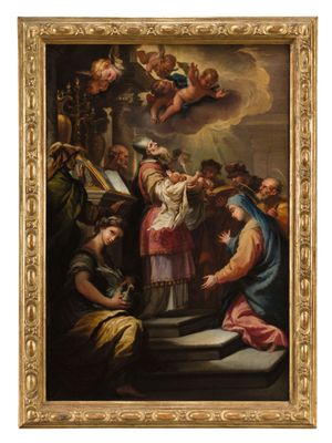 a painting of a painting of a religious scene with angels
