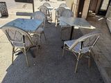 tables and chairs on the sidewalk outside of a restaurant