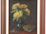 painting of yellow flowers in a vase on a table with a book