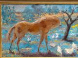 a painting of a horse and ducks in a field