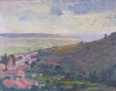 une peinture à l'huile représentant une vue d'une ville survolée par un oiseau