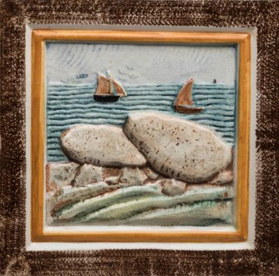 a picture of a painting of rocks and boats on the water