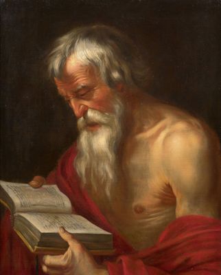 a painting of an old man reading a book