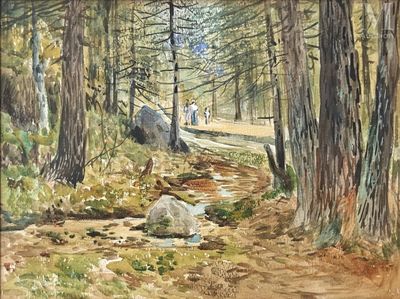 une aquarelle représentant un chemin de terre dans les bois