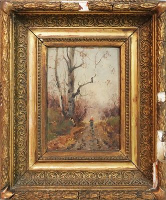 une peinture à l'huile représentant un homme marchant sur un chemin de terre dans une zone boisée