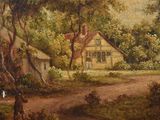 painting of a country house in a wooded setting with a man walking down the road