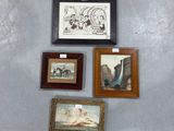 many framed pictures on the wall of this room