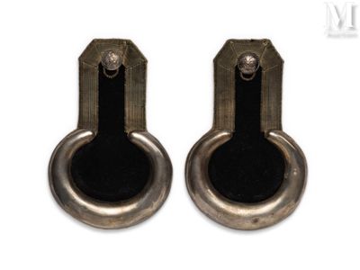 pair of antique brass door handles on a white background