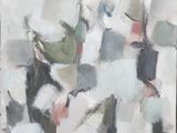 an abstract painting of a group of people walking down a street