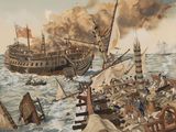 a painting of a ship in the water with other ships in the water